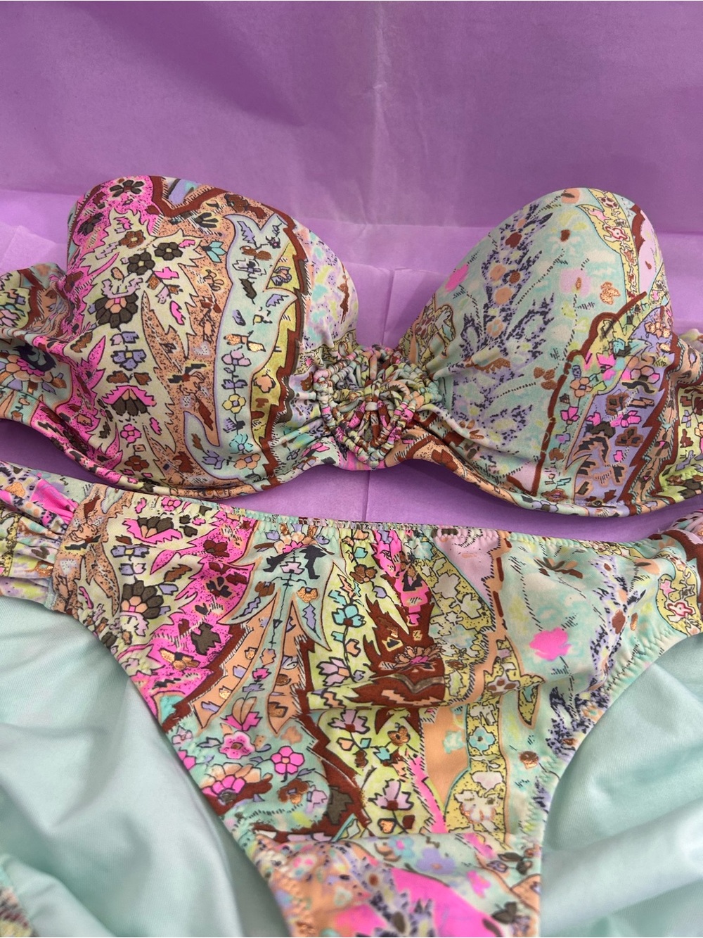 Victoria’s Secret Paisley Print Bandeau Bikini Set in Mint and Pink - Picture 3 of 8